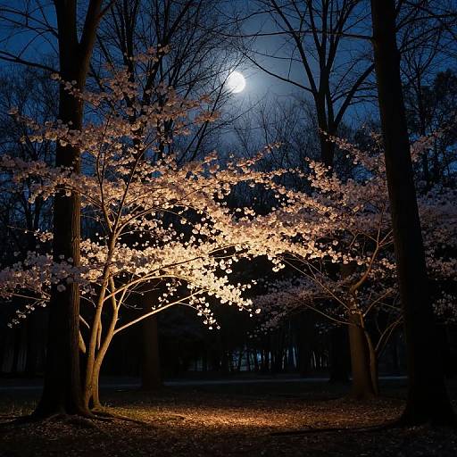 Photograph of a moonlit forest at night, with glowing cherry blossoms illuminated by soft, warm lights, standing among dark, leafless trees.