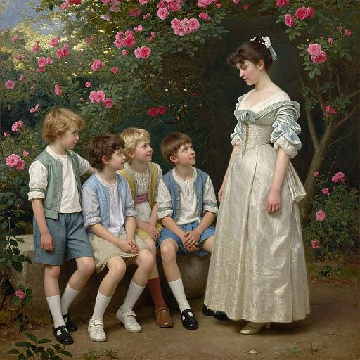 Victorian-style painting: Four young boys in rustic clothing sit before a standing woman in a white, ornate dress, surrounded by blooming pink roses