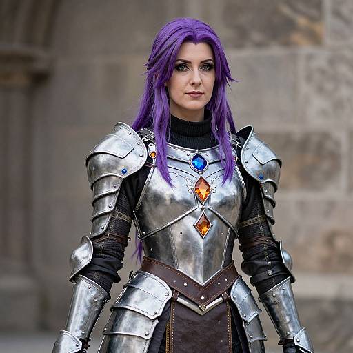 Photorealistic digital painting of a purple-haired woman in silver medieval armor with blue and orange gemstones, standing in front of a stone wall.