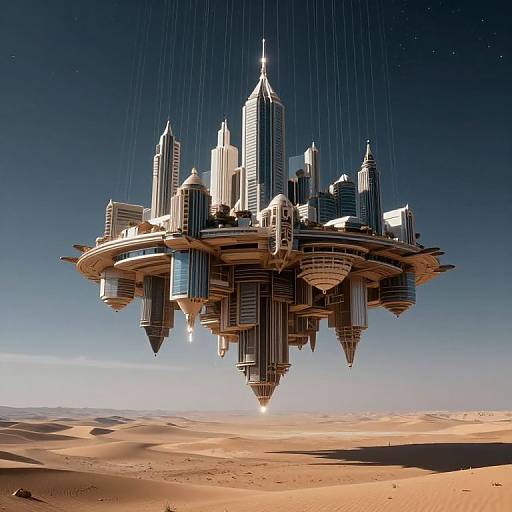 Digital artwork of a futuristic, floating cityscape with towering skyscrapers suspended by invisible cables over a vast, sunlit desert.