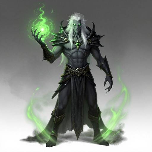 Digital fantasy artwork of a muscular, dark-skinned sorcerer with glowing green eyes and white hair, holding a green magical flame, surrounded by green mist