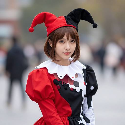 Photograph of an Asian woman in a red and black jester costume with a white ruffled collar, wearing a matching hat, standing outdoors on an