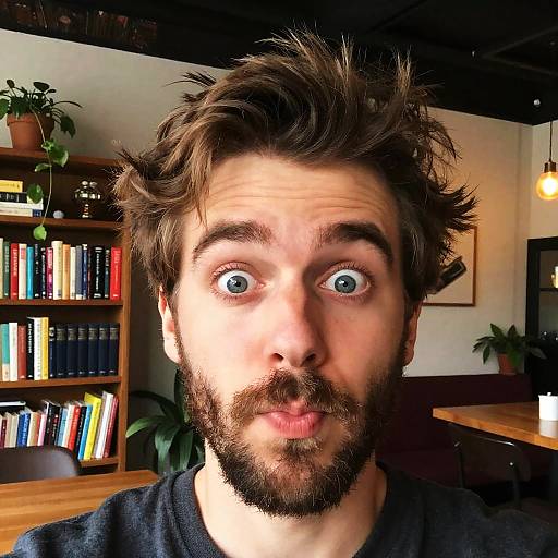 Photograph of a surprised, bearded man with wide blue eyes and tousled brown hair in a dimly lit bookshop, wearing a black shirt