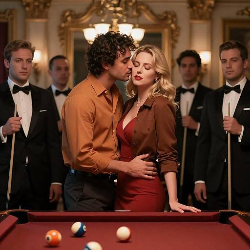 Elegant Couple at Pool Table in Luxurious Room