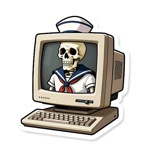 Digital illustration of a skull in a sailor uniform displayed on an old beige CRT monitor with a white sailor hat.