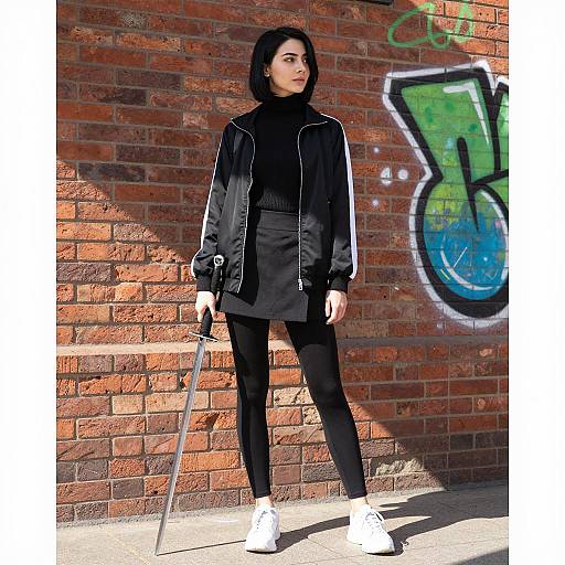 Woman with Sword Against Graffiti Wall