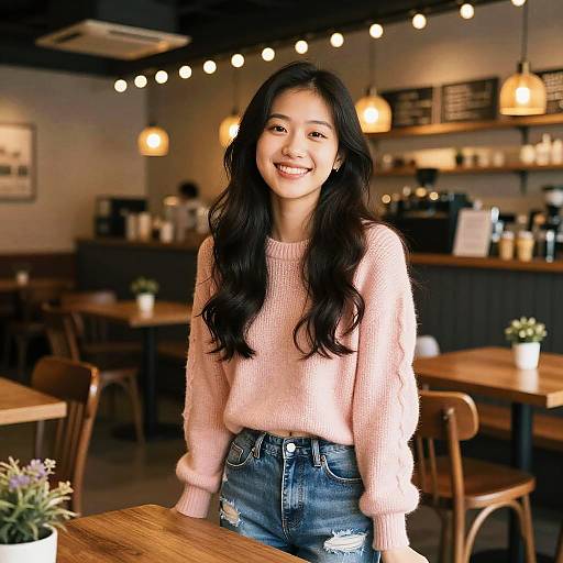 Photograph of a smiling Asian woman with long black hair, wearing a pink knit sweater and blue distressed jeans, standing in a cozy, warmly-lit