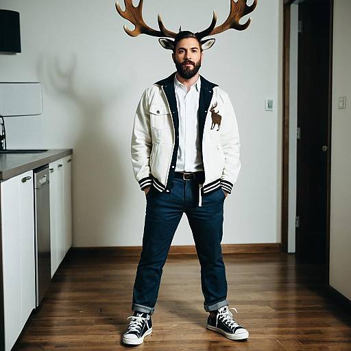 Man Wearing Hilarious Stag Costume with Antlers