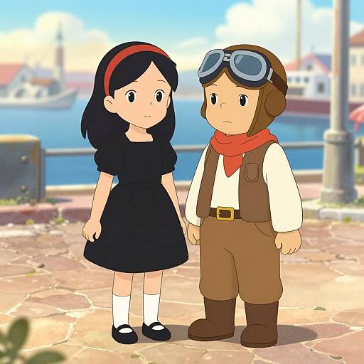 Digital drawing of a cute anime-style girl with black dress and red headband, and a boy with goggles and aviator outfit, standing on a sunny