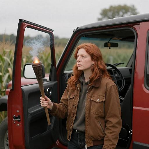 Focused Woman with Torch by SUV