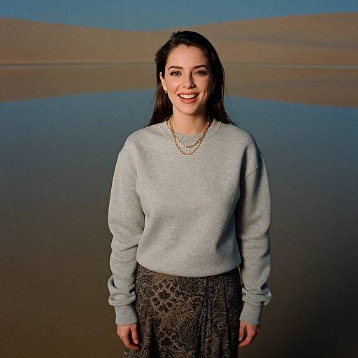 Photograph of a smiling young woman with long dark hair, wearing a gray sweater and patterned skirt, standing in front of a calm, reflective body