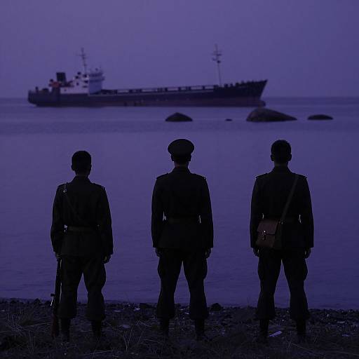 Soldiers Silhouetted by a Purple Sea