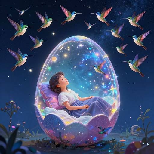 Digital artwork: Young girl with curly brown hair, white shirt, and blue dress, reclines in a glowing, starry bubble, surrounded by colorful