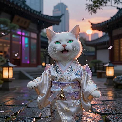 White Kitten in Silk Kimono at Sunset