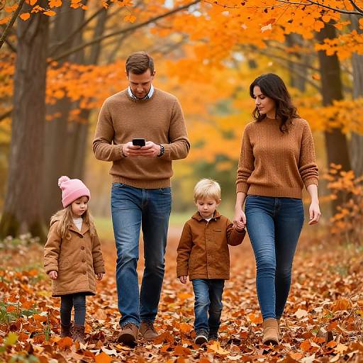 Photograph of a family of four walking in an autumn forest, wearing brown sweaters and coats, with vibrant orange leaves on the ground.