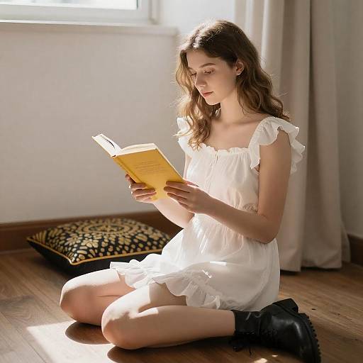 Sunlit Reading: Young Woman in Ruffled Dress