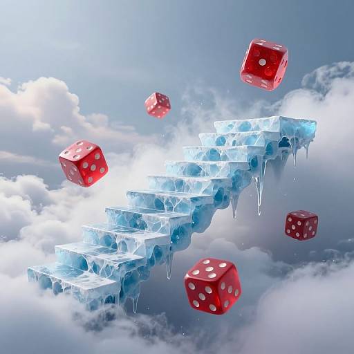 Surreal Ice Staircase with Floating Dice