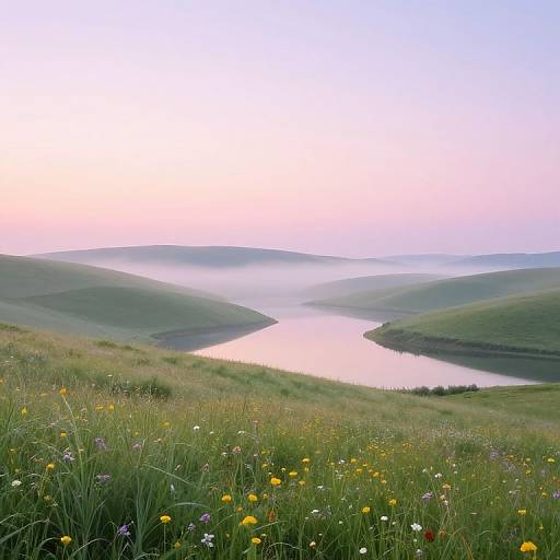 Photograph of a serene landscape at dawn, featuring a winding river through rolling green hills, colorful wildflowers in the foreground, and a pastel sky