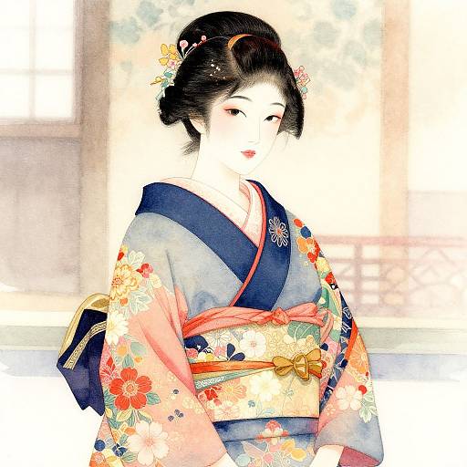 Woman in Floral Kimono Watercolor