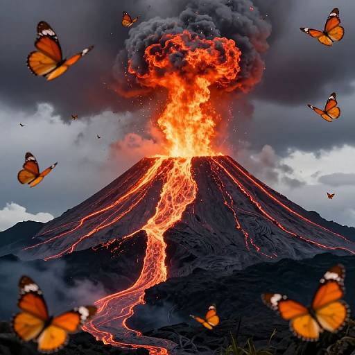 Fiery Volcanic Eruption with Butterflies