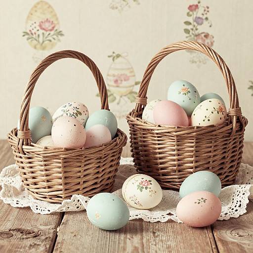 Photograph of two wicker baskets filled with pastel-colored, floral-patterned Easter eggs, placed on a lace doily on rustic wooden table.