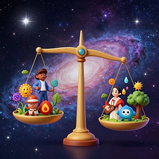 Digital illustration of a balance scale with two baskets: left with diverse cartoon characters, right with colorful planets and creatures, set against a starry, neb