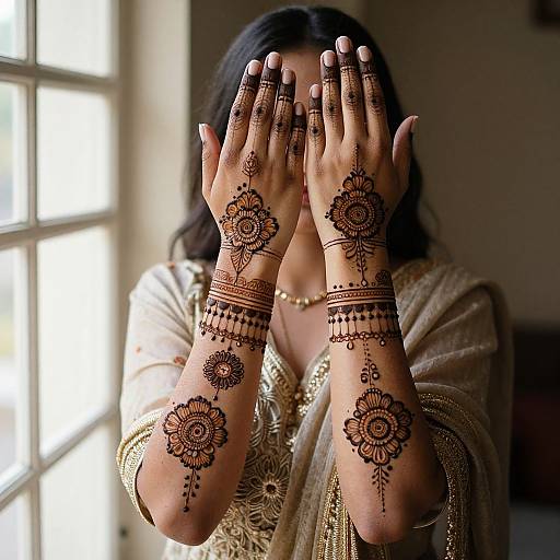 Photograph of a woman with dark hair, covering her face with hands adorned in intricate black henna designs, wearing a gold-trimmed white garment