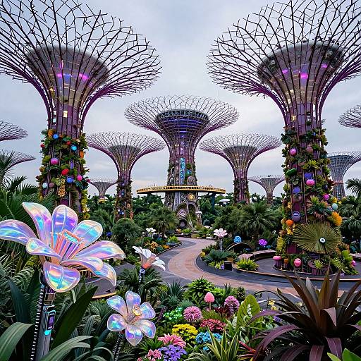 Photograph of Gardens by the Bay: Vibrant, illuminated Supertrees with colorful lights, surrounded by lush, multicolored flowers and a winding