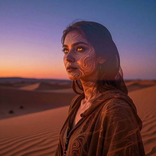Photograph of a woman with intricate face paint, standing in a desert at sunset. She wears a brown, patterned robe, with sand dunes