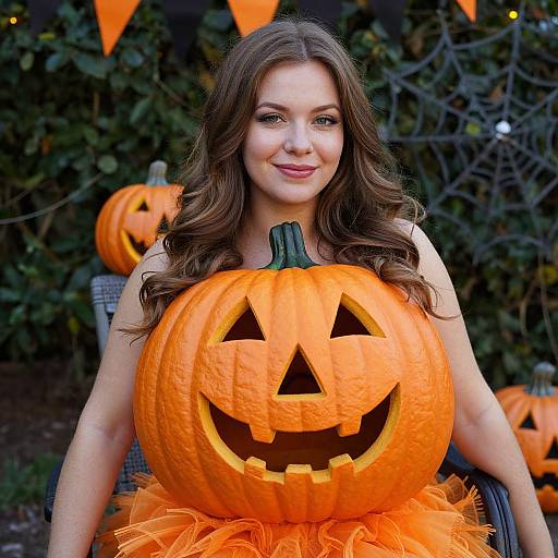 Photograph of a smiling woman with long brown hair, wearing an orange pumpkin top hat, holding a carved jack-o'-lantern, surrounded by Halloween