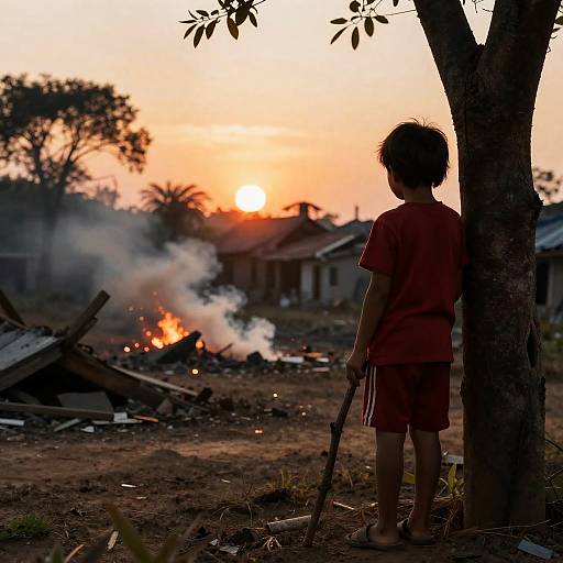Child Observing War-Torn Landscape at Sunset