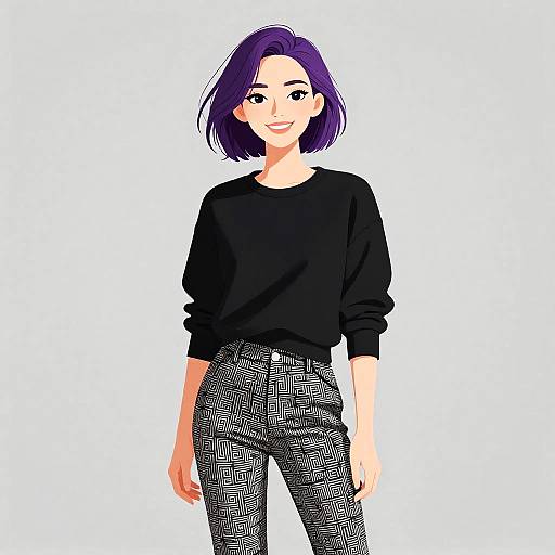 Digital illustration of a smiling woman with purple bob haircut, black sweater, and patterned black-and-white pants, standing against a white background.