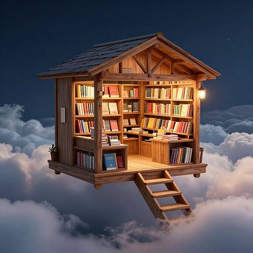 Whimsical photograph of a wooden, floating bookhouse with lit interior, surrounded by clouds at night, accessed by a wooden ladder.