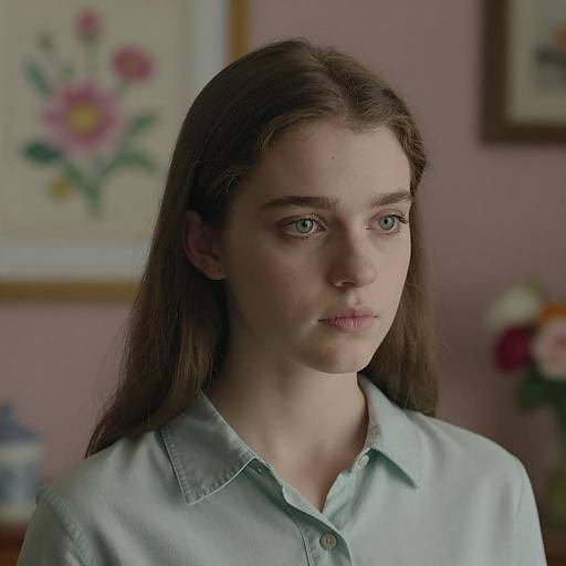 Young Woman in Green Shirt with Floral Background