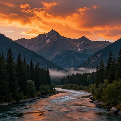 Photograph of a vibrant sunset over a mountain range, with a reflective river flowing through a dense forest of evergreen trees.