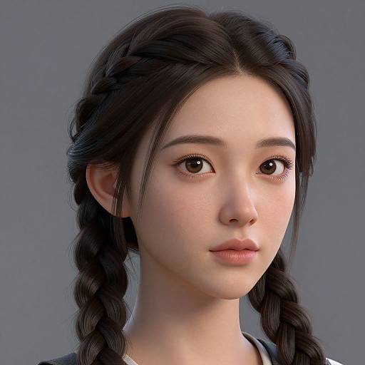 Photorealistic digital portrait of an East Asian woman with fair skin, dark braided hair, large brown eyes, and subtle makeup, against a gray