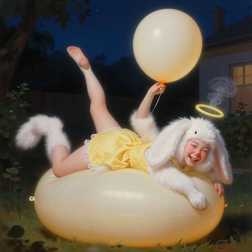 Digital illustration of a playful, angelic child in a yellow dress and white fur dog costume, lying on a glowing balloon, holding a balloon, halo