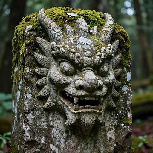 Photograph of a moss-covered stone statue with a fierce, detailed dragon face, featuring horns, sharp teeth, and intricate carvings, set in