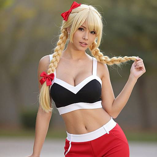 Photograph of an Asian woman with long blonde braids, red bows, black-and-white sports bra, and red pants, posing outdoors.
