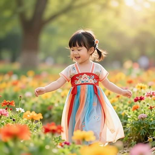 Photograph of a smiling Asian toddler in a colorful dress, standing in a sunlit flower garden with vibrant blooms.
