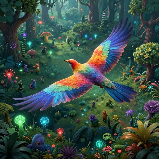 Vibrant digital fantasy artwork: colorful bird with rainbow wings flies over a magical forest filled with glowing mushrooms, fireflies, and exotic plants.