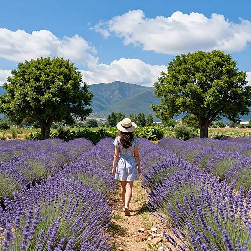 Photograph of a woman in a white dress and straw hat walking through vibrant lavender fields, with two green trees and mountains in the background under a bright