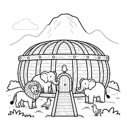 Black-and-white line drawing of a dome-shaped wooden hut with a mountain backdrop. Four elephants, one wearing a harness, stand around the hut's entrance