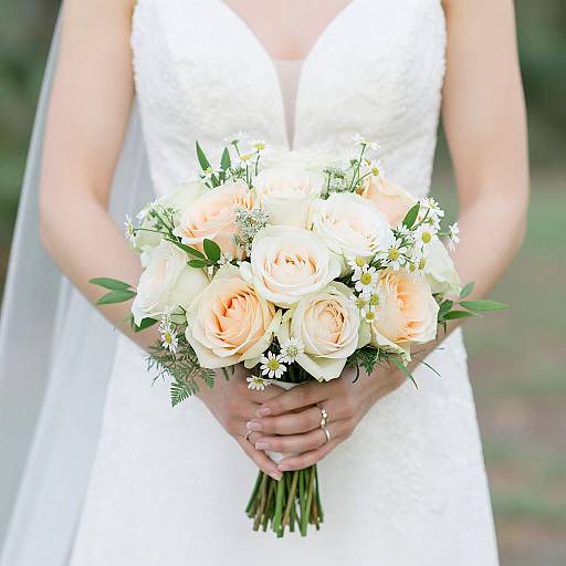Photograph of a bride in a white dress holding a bouquet of peach and white roses with green foliage, her hands clasped in front.