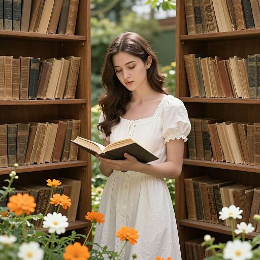 Photograph of a young woman with long brown hair in a white dress, reading a book, surrounded by bookshelves and colorful flowers.