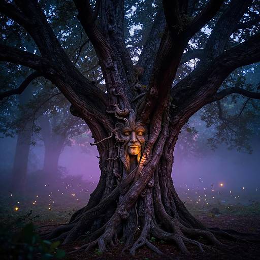 Photograph-like digital art: eerie, glowing-eyed tree face with twisted branches, fiery eyes, set in a misty, purple-hued forest.