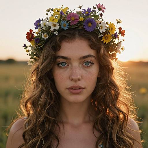 Photograph of a young woman with curly brown hair, blue eyes, and freckles, wearing a colorful flower crown, standing in a sunlit