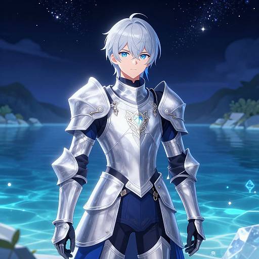 Anime-style digital artwork of a young, silver-haired male warrior in shiny, ornate silver armor, standing by a glowing, starry night lake.