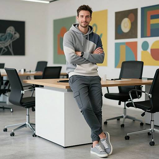 Photograph of a bearded man with short brown hair, wearing a gray and white hoodie, black pants, and white sneakers, leaning on a white