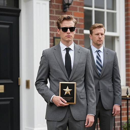 Two Men in Gray Suits with Award Plaque
